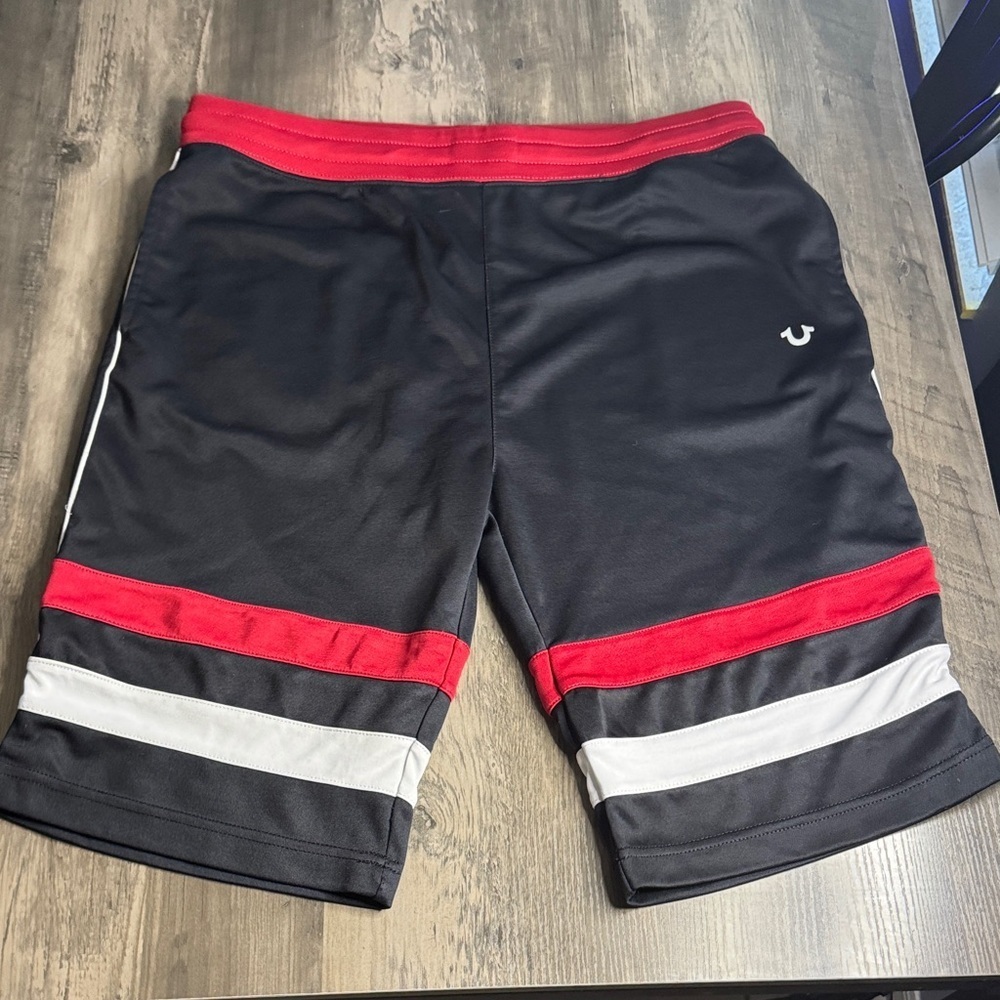 True Religion 90’s Y2K Black Shorts with Red and White Stripes